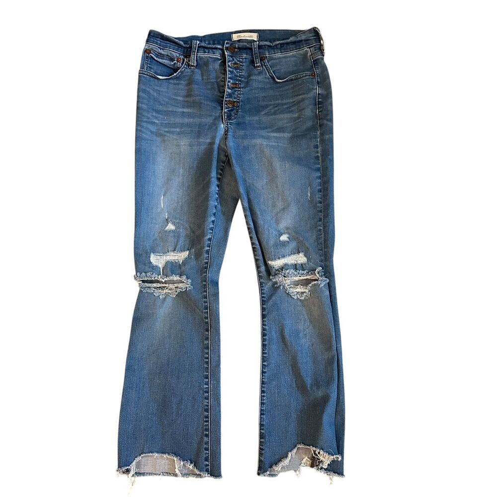 Madewell Medium Wash Button Fly Distressed Cali Demi Boot Stretchy Jeans Size 29